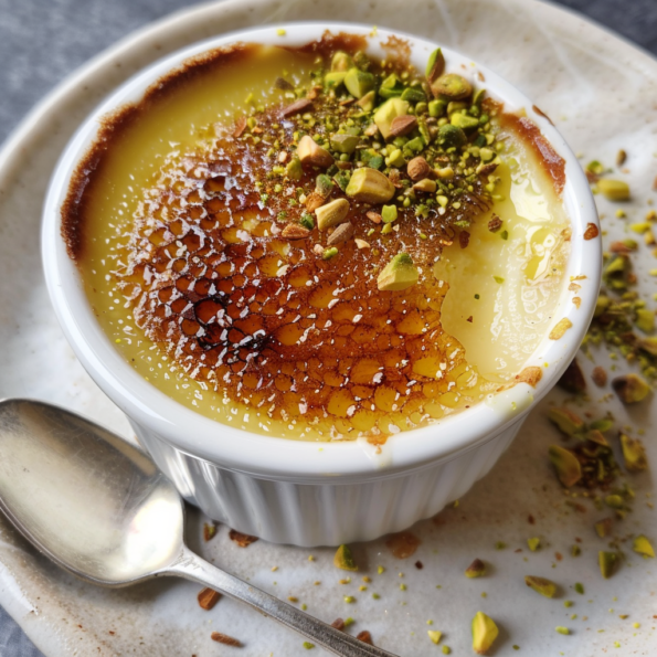 A Pistachio Crème Brûlée, delicious dessert to enjoy with the family, recipe by Goya Recipes