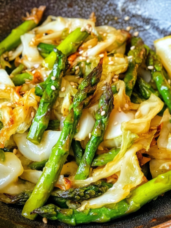 A dish of Asparagus and Cabbage, ready to enjoy in minutes, recipe by Goya Recipes