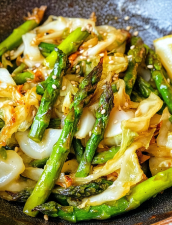 A dish of Asparagus and Cabbage, ready to enjoy in minutes, recipe by Goya Recipes