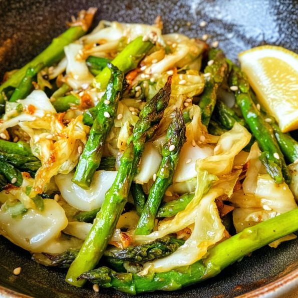 A dish of Asparagus and Cabbage, ready to enjoy in minutes, recipe by Goya Recipes