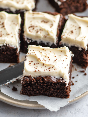 A plate with brownies with cream cheese frosting, ready to enjoy in family, recipe by Goya Recipes.