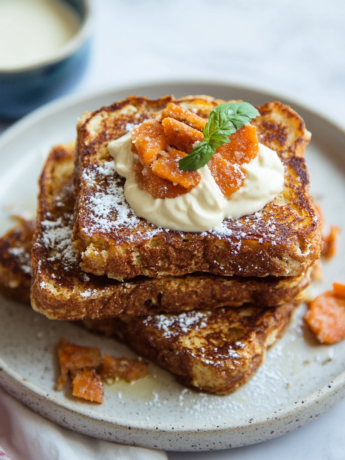 A dish with Carrot Cake French Toast, ready to enjoy for breakfast, recipe by Goya Recipes