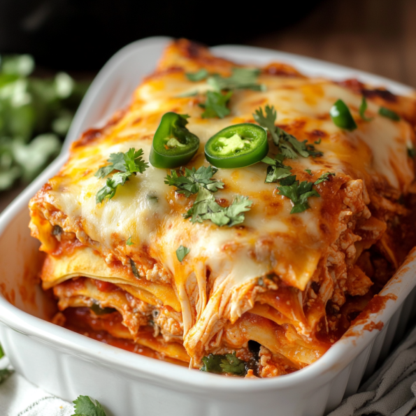 A Chicken Enchilada Lasagna, a easy recipe for a dinner, recipe Goya Recipes.