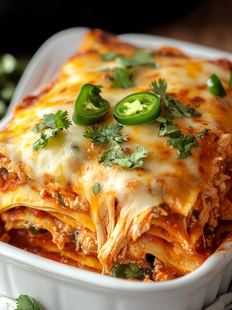 A Chicken Enchilada Lasagna, a easy recipe for a dinner, recipe Goya Recipes.