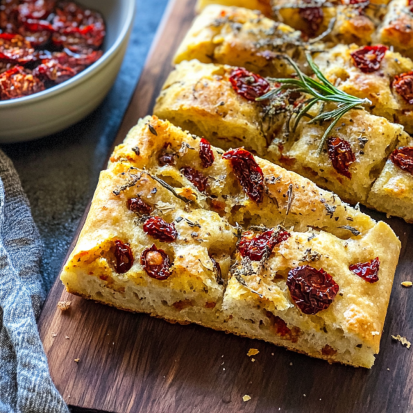 A dish with Focaccia Bread with Sun Dried Tomatoes, perfect for breakfast, recipe by Goya Recipes