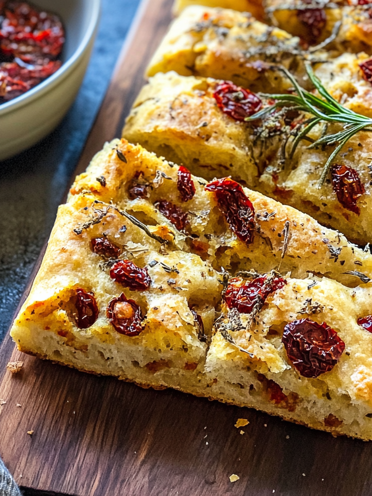 A dish with Focaccia Bread with Sun Dried Tomatoes, perfect for breakfast, recipe by Goya Recipes