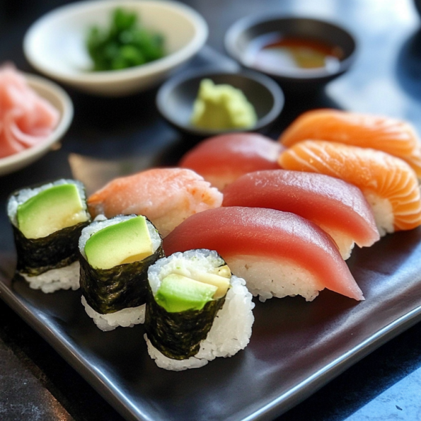 A plate with gluten free sushi, ready to enjoy from the comfort of your own home, recipe by Goya Recipes.