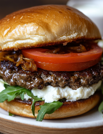 A dish with Goat Cheese Hamburger, ready to enjoy at brunch, recipe by Goya Recipes