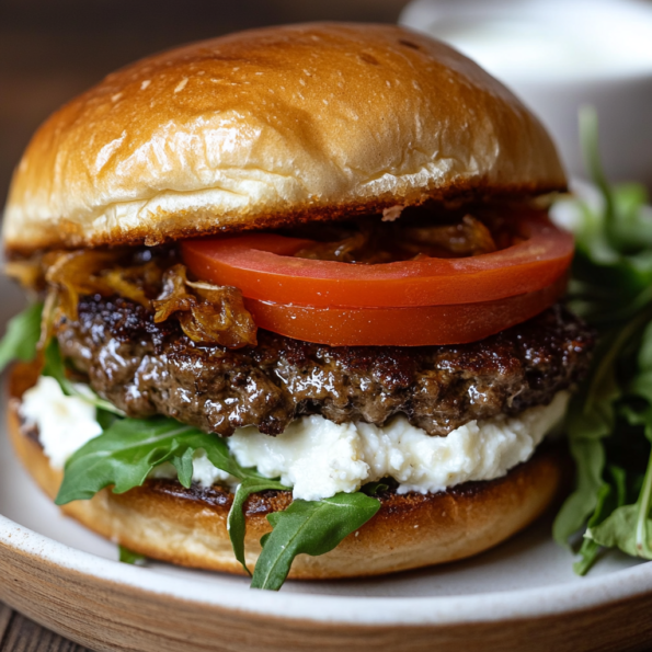 A dish with Goat Cheese Hamburger, ready to enjoy at brunch, recipe by Goya Recipes