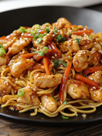 A dish with Honey Garlic Chicken Noodles, ready to enjoy for lunch, recipe by Goya Recipes