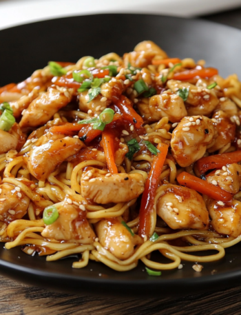 A dish with Honey Garlic Chicken Noodles, ready to enjoy for lunch, recipe by Goya Recipes