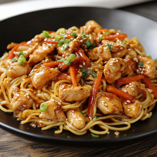 A dish with Honey Garlic Chicken Noodles, ready to enjoy for lunch, recipe by Goya Recipes