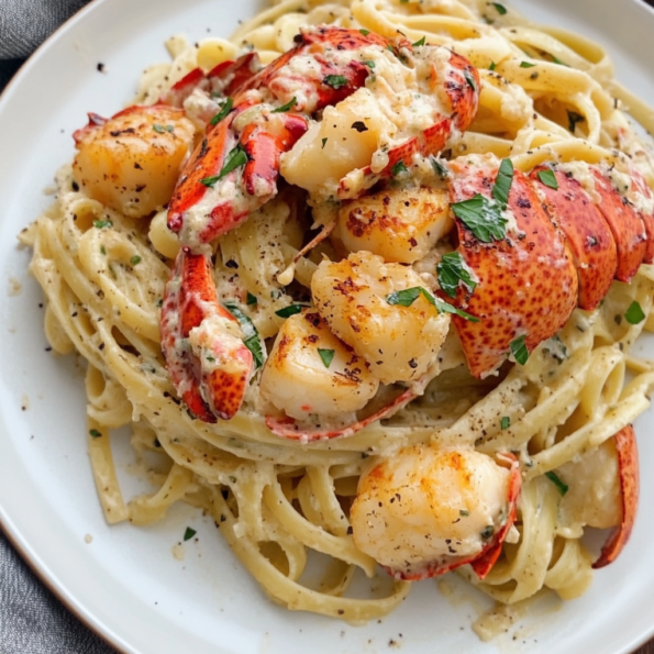 A dish of Lobster Scampi Pasta, if you want to enjoy a gourmet recipe from home, recipe by Goya Recipes.