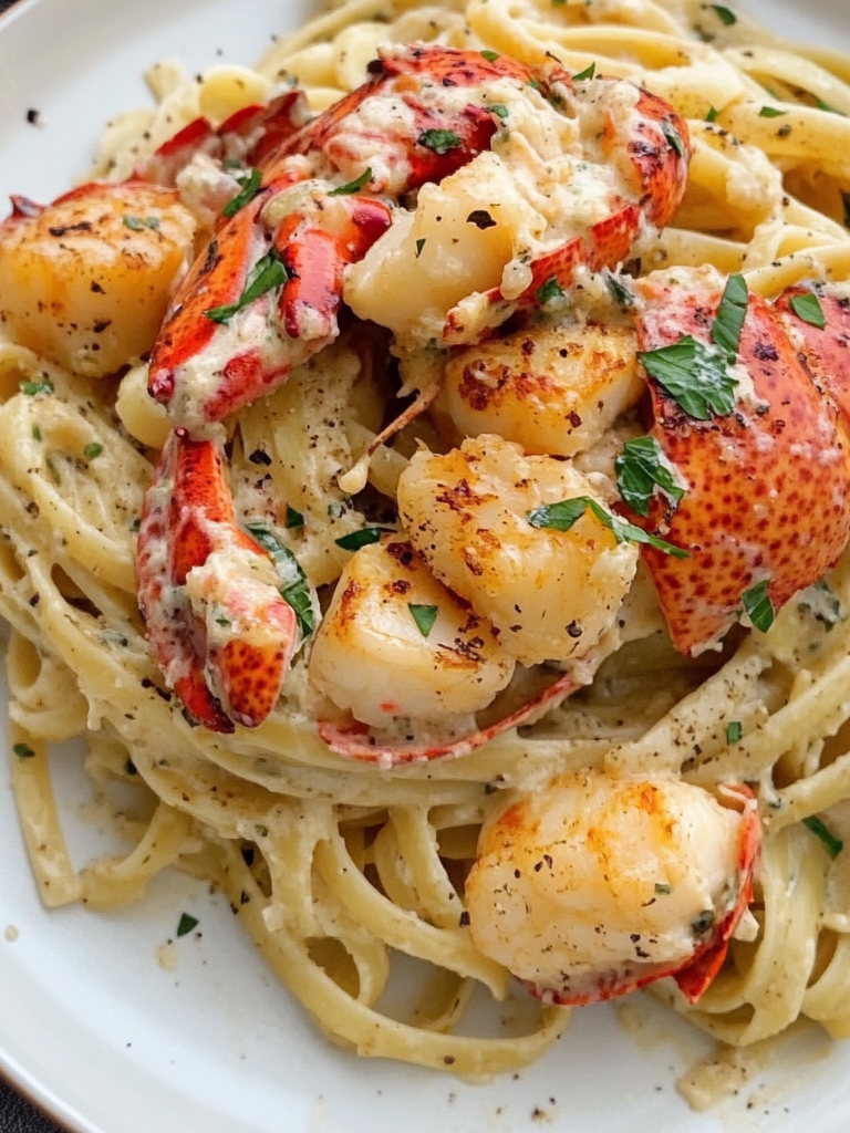 A dish of Lobster Scampi Pasta, if you want to enjoy a gourmet recipe from home, recipe by Goya Recipes.