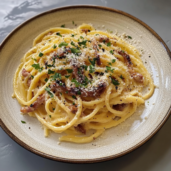 A plate with Miso Carbonara, ready for enjoy in family, recipe by Goya Recipes.