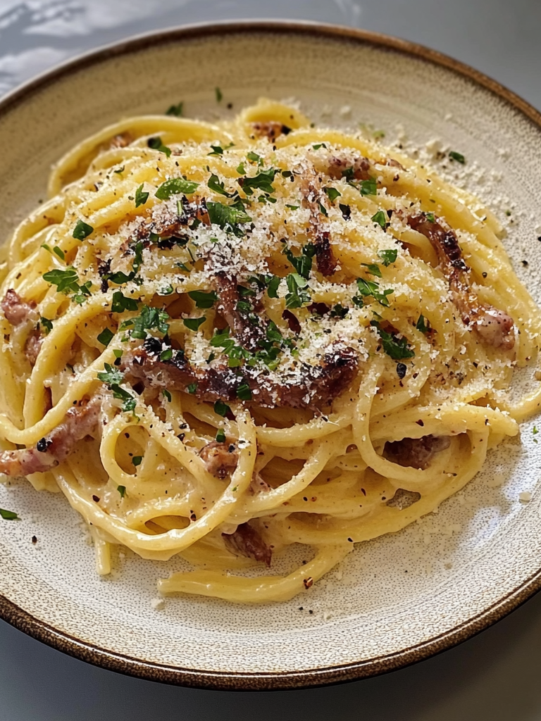 A plate with Miso Carbonara, ready for enjoy in family, recipe by Goya Recipes.