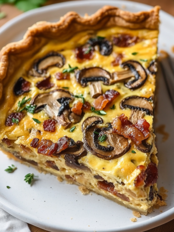 A dish with Mushroom Bacon Quiche, easy and quick to make, recipe by Goya Recipes