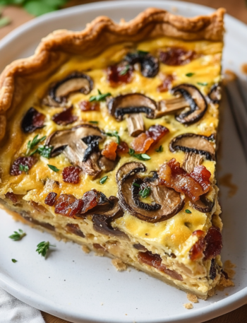 A dish with Mushroom Bacon Quiche, easy and quick to make, recipe by Goya Recipes