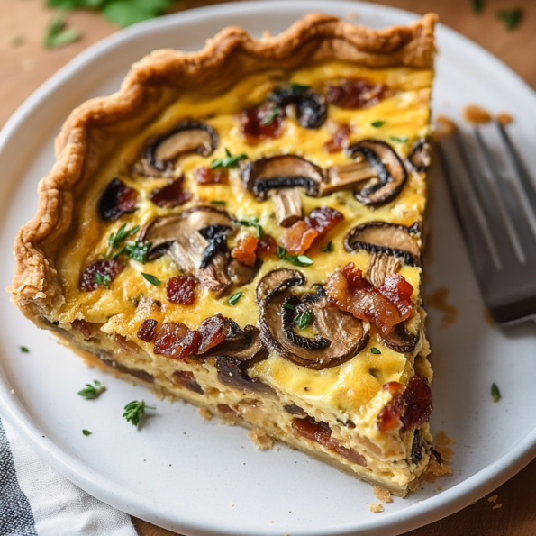 A dish with Mushroom Bacon Quiche, easy and quick to make, recipe by Goya Recipes