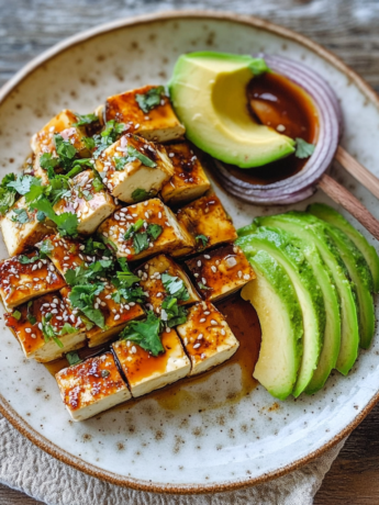 A plate with tofu avocado, ready to enjoy with your family, recipe by Goya Recipes