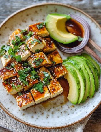 A plate with tofu avocado, ready to enjoy with your family, recipe by Goya Recipes