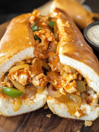 A plate with Buffalo Chicken Cheesesteak, ideal if you want something easy and comforting, recipe from goya Recipe.