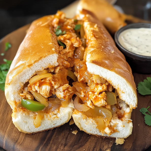 A plate with Buffalo Chicken Cheesesteak, ideal if you want something easy and comforting, recipe from goya Recipe.