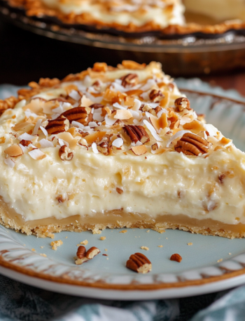 A dish with Italian cream pie, if you love easy to make desserts, recipe from Goya Recipes.