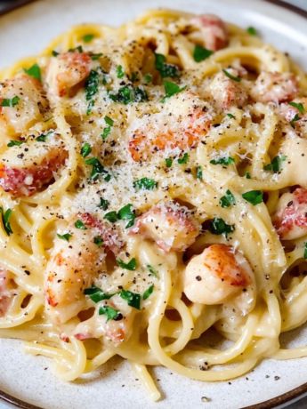 A plate with Lobster Carbonara, ideal if you want a quick dinner or lunch, recipe from Goya Recipes.