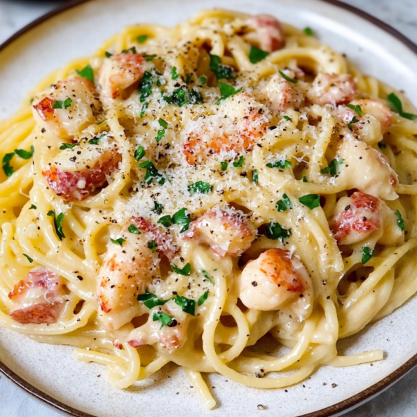 A plate with Lobster Carbonara, ideal if you want a quick dinner or lunch, recipe from Goya Recipes.