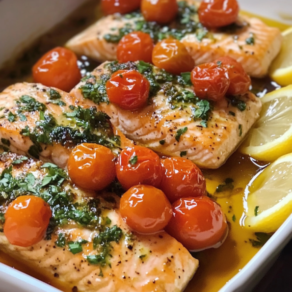 A dish with Salmon with Cherry Tomatoes, if you want a quick and healthy recipe to make, recipe from Goya Recipes.