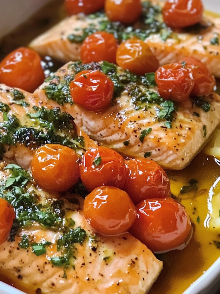 A dish with Salmon with Cherry Tomatoes, if you want a quick and healthy recipe to make, recipe from Goya Recipes.